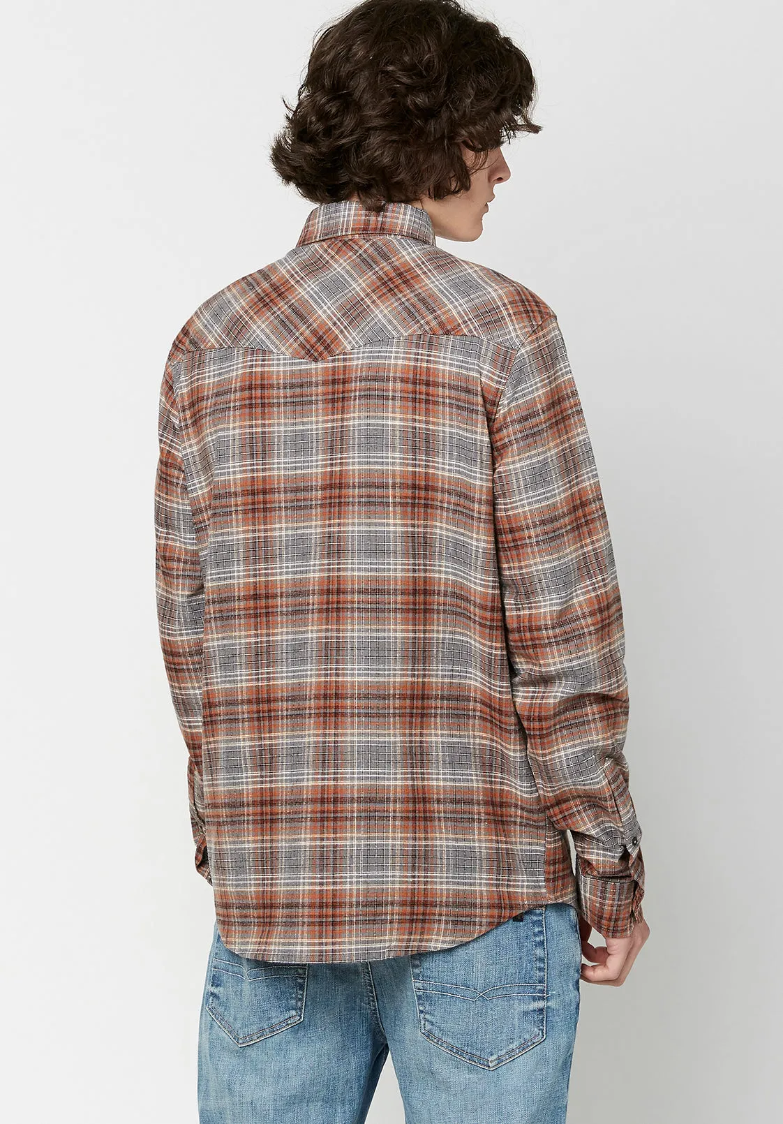 Sacol Men's Long-Sleeve Shirt in Grey Brown Plaid - BM23668