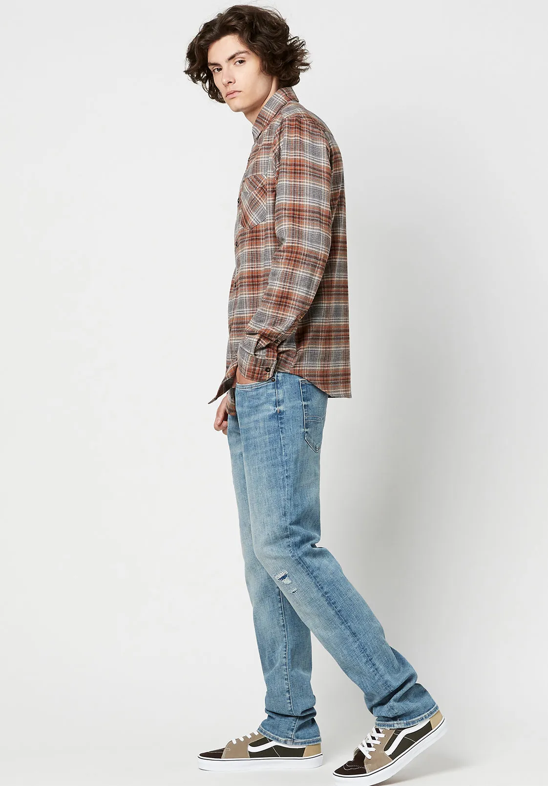 Sacol Men's Long-Sleeve Shirt in Grey Brown Plaid - BM23668