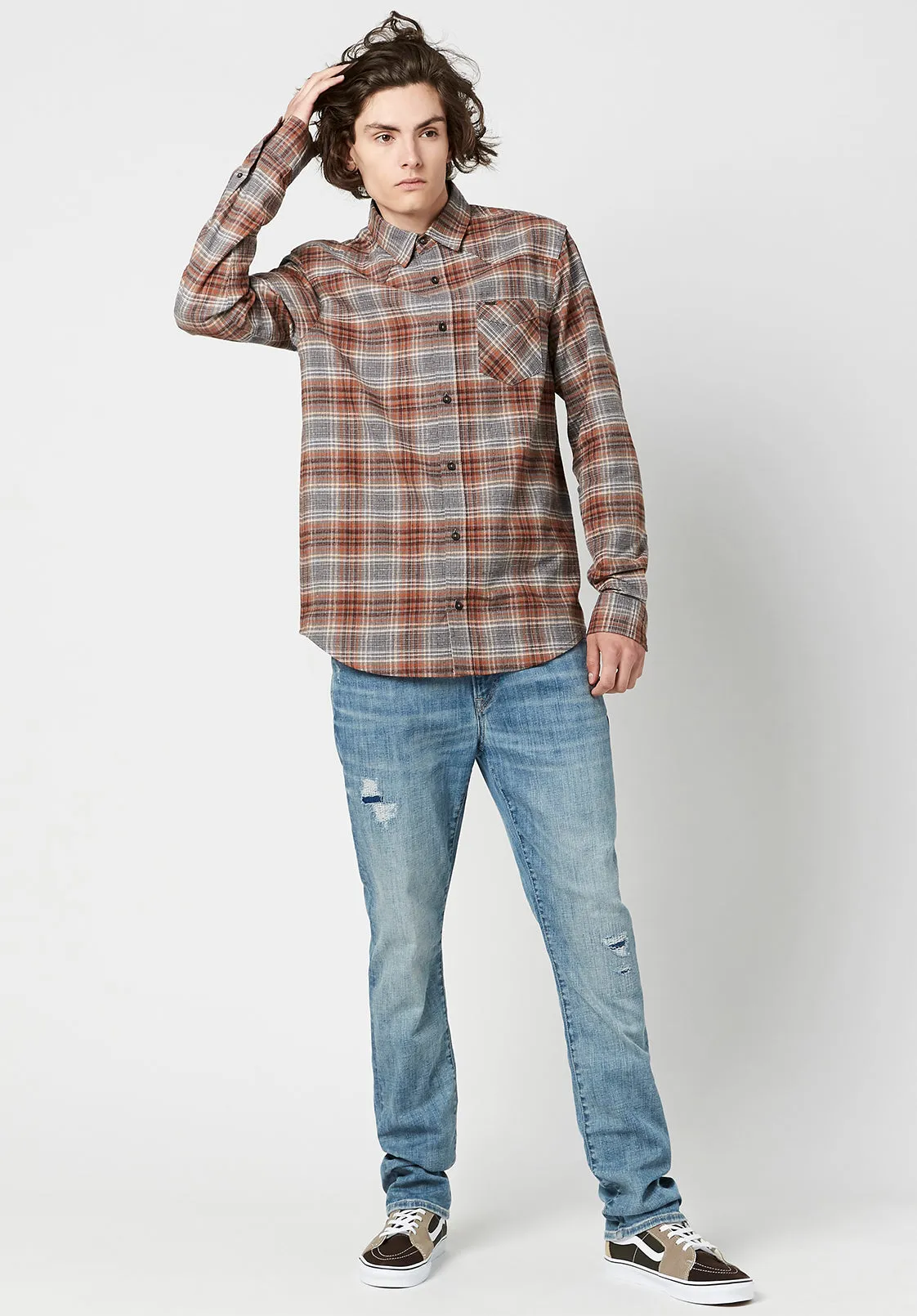 Sacol Men's Long-Sleeve Shirt in Grey Brown Plaid - BM23668