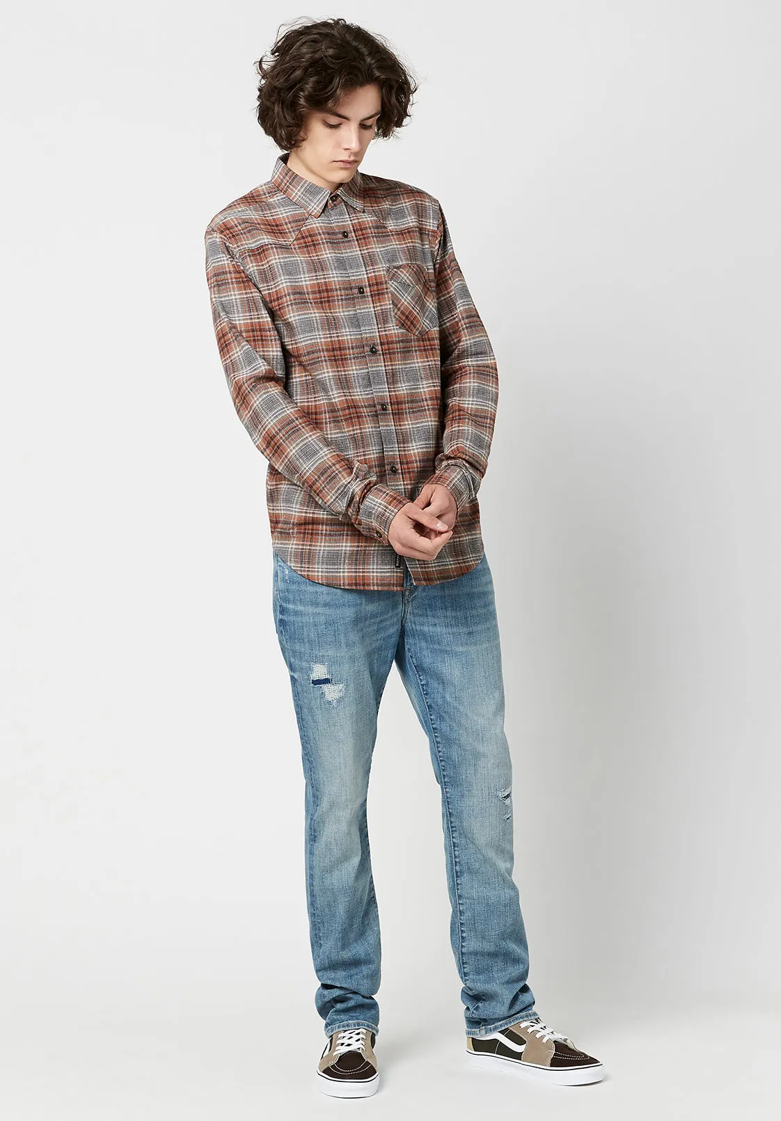 Sacol Men's Long-Sleeve Shirt in Grey Brown Plaid - BM23668