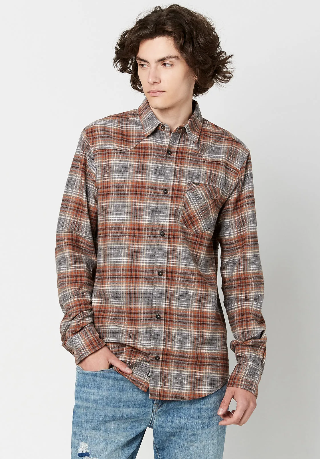 Sacol Men's Long-Sleeve Shirt in Grey Brown Plaid - BM23668