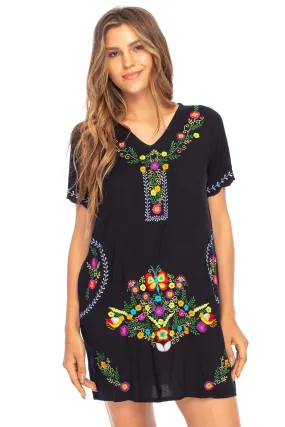 Short Embroidered Casual Floral Tunic Dress with Pockets