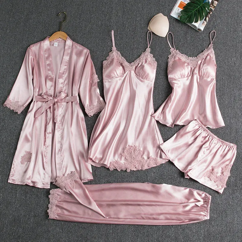 Silk pajamas bedroom wear nighty lingerie 5 piece set