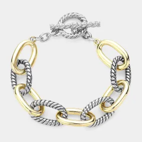 Silver Two Tone Textured Metal Cable Link Toggle Bracelet