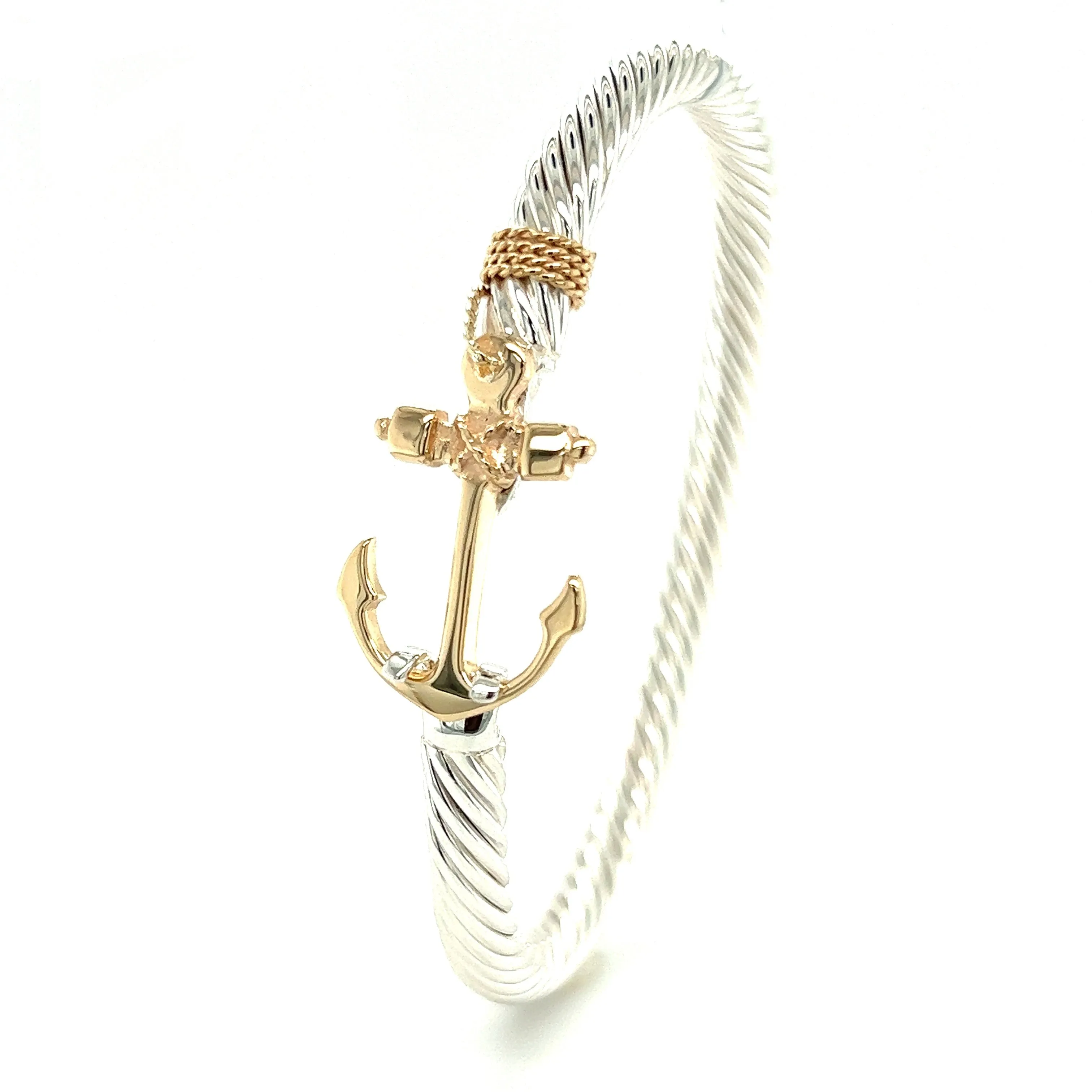 Twisted Cable 5mm Bangle Bracelet with 14K Yellow Gold Anchor and Wrap in Sterling Silver