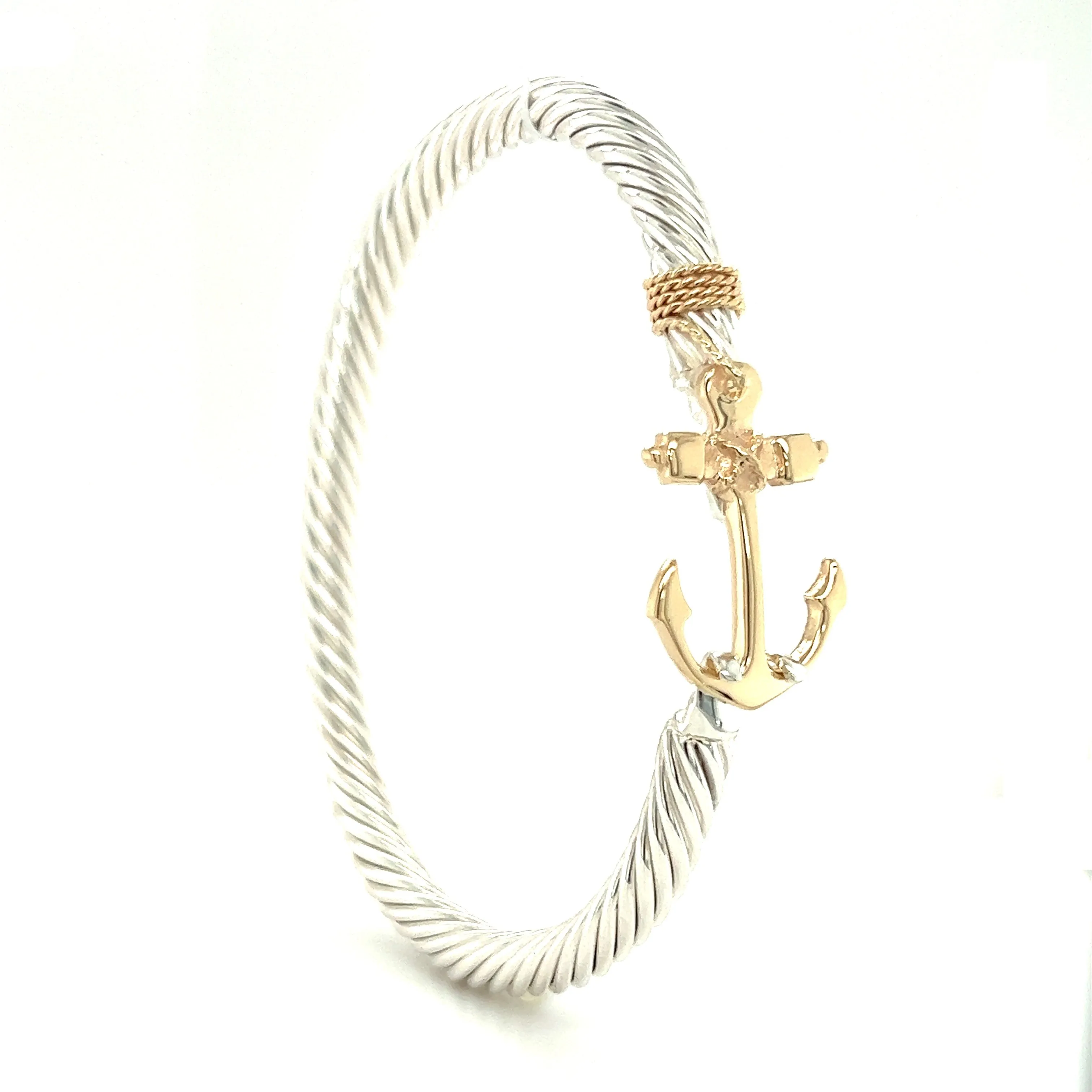 Twisted Cable 5mm Bangle Bracelet with 14K Yellow Gold Anchor and Wrap in Sterling Silver