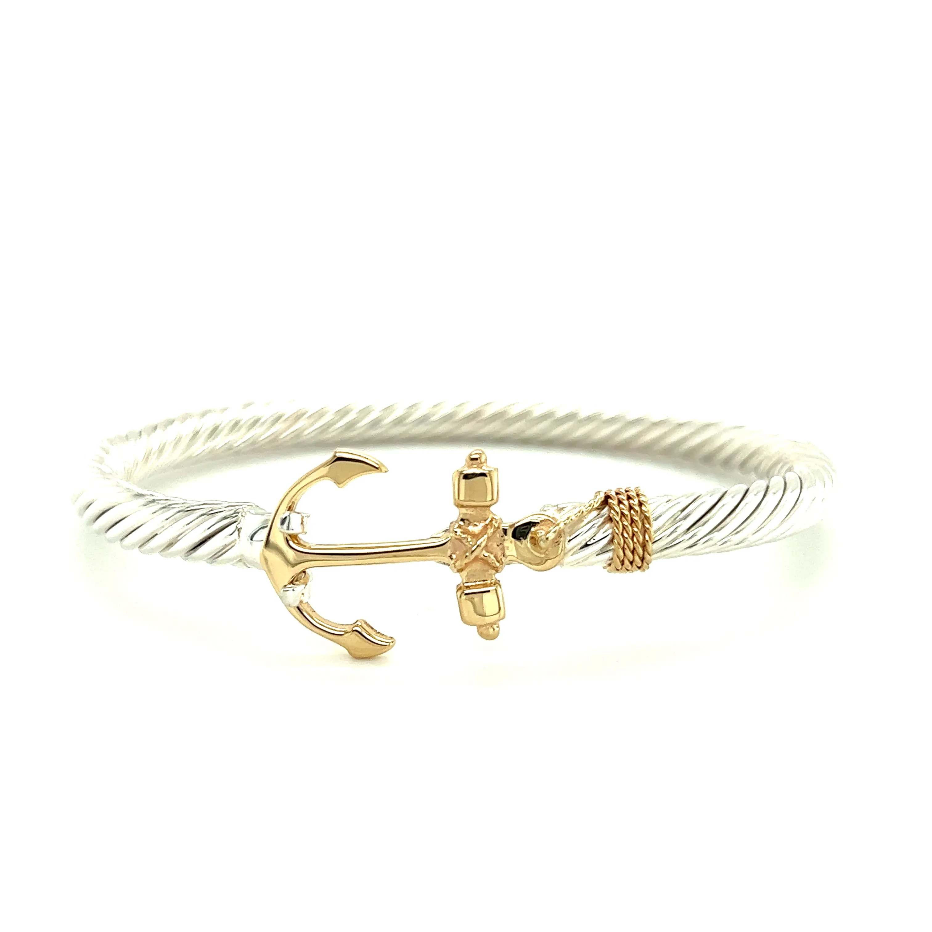 Twisted Cable 5mm Bangle Bracelet with 14K Yellow Gold Anchor and Wrap in Sterling Silver