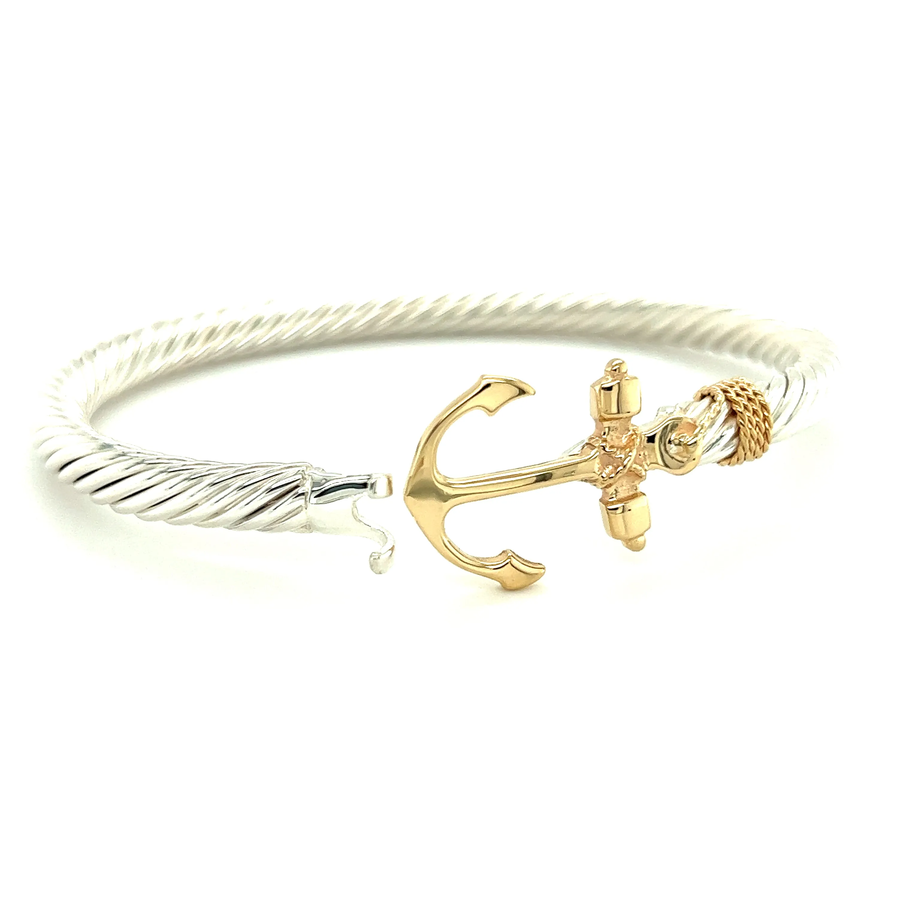 Twisted Cable 5mm Bangle Bracelet with 14K Yellow Gold Anchor and Wrap in Sterling Silver