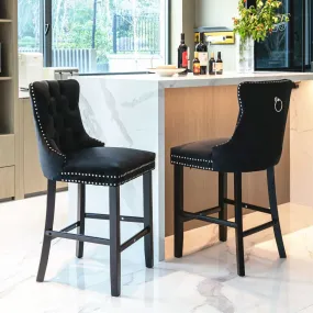 Velvet Bar Stools Counter Stools Set Of 2 With Studs Trim Wooden Legs Black