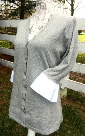 Wednesday Cardigan Grey w White Grosgrain 3/4 Sleeve - (WCGrey-White)