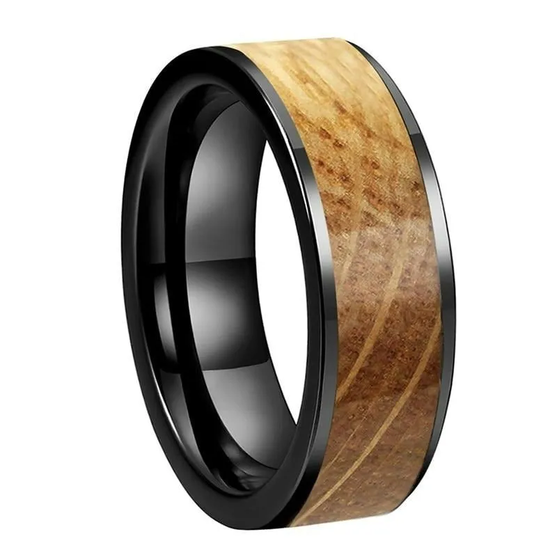 Whiskey Barrel Oak Flat Inlay Wedding Ring in Black Tungsten (8mm)