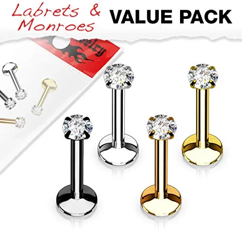 WILDKLASS 4 Pcs Value Pack Internally Threaded Round Prong Top Gem Labret Monroe Titanium IP Over 316L Surgical Steel