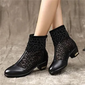 Women's Casual Rhinestone Hollow Block Heel Ankle Boots 77177330S