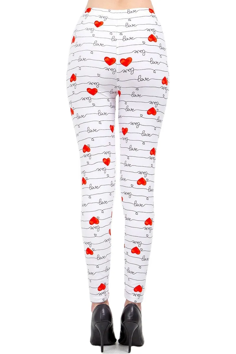 Women's Plus Love & Heart White Pattern Printed Leggings