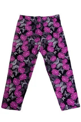 Women's Plus Purple Rose Butterfly Floral Printed Cropped Capri Leggings