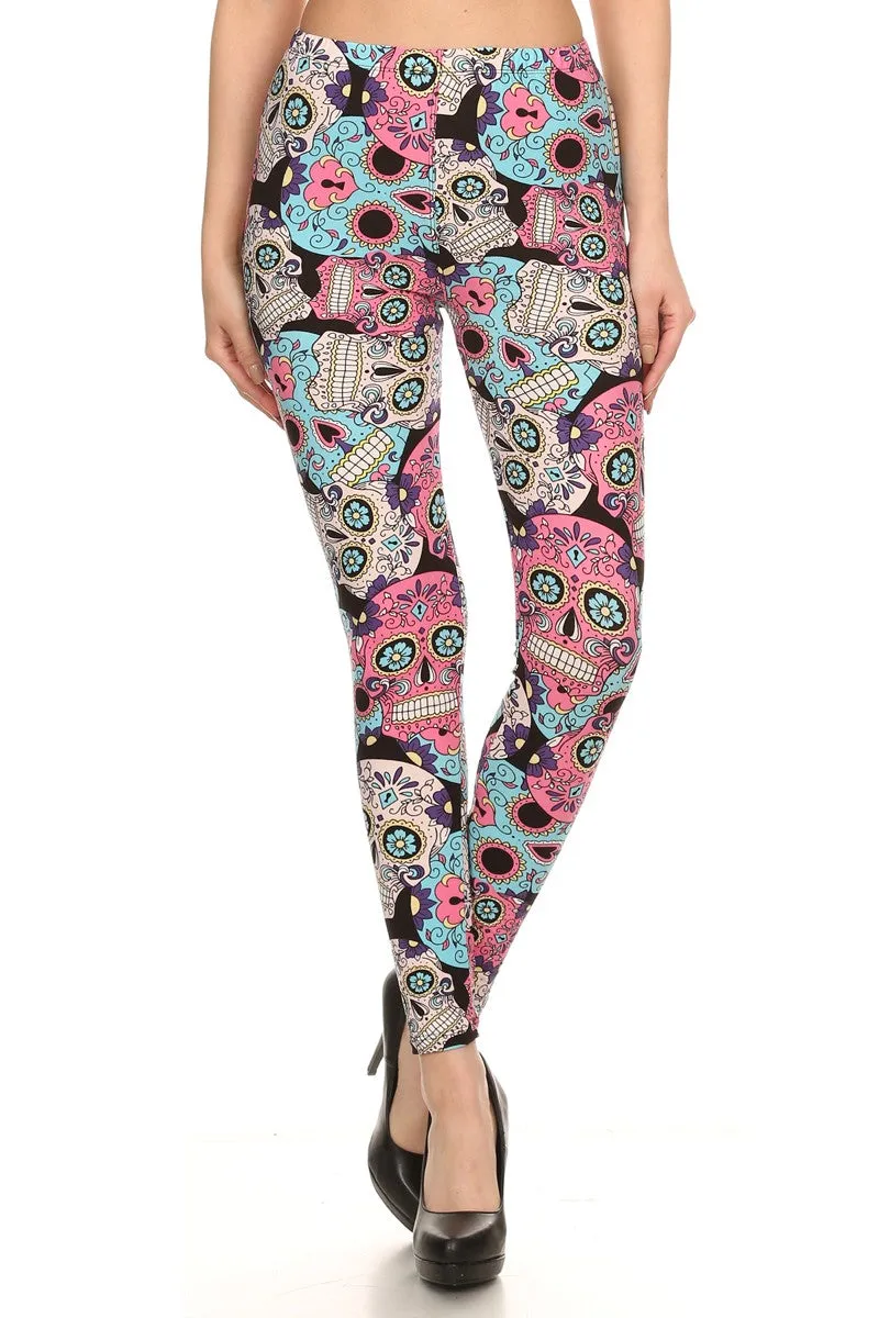 Women's Regular Abstract Sugar Skulls Pattern Print Leggings - Pink Blue