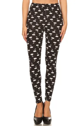 Women's Regular B&W Swans Birds Pattern Print Leggings