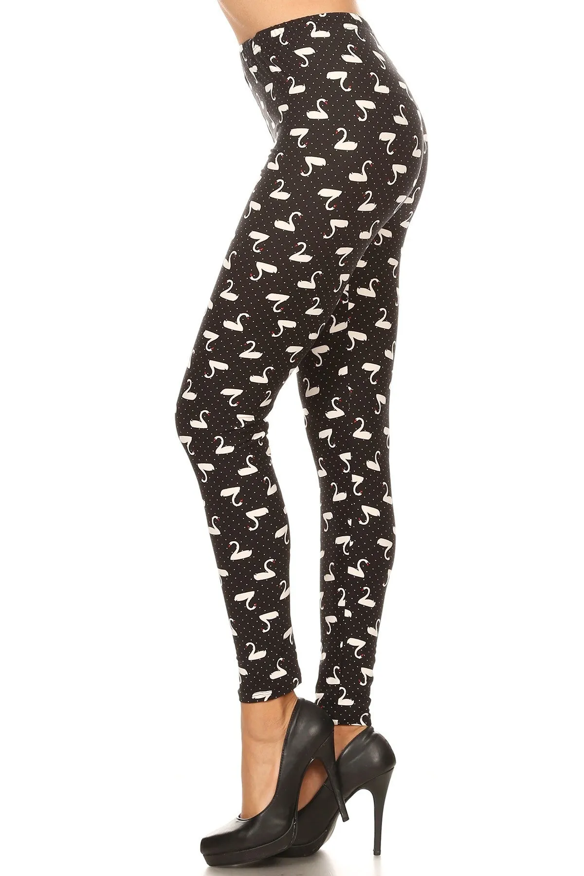 Women's Regular B&W Swans Birds Pattern Print Leggings